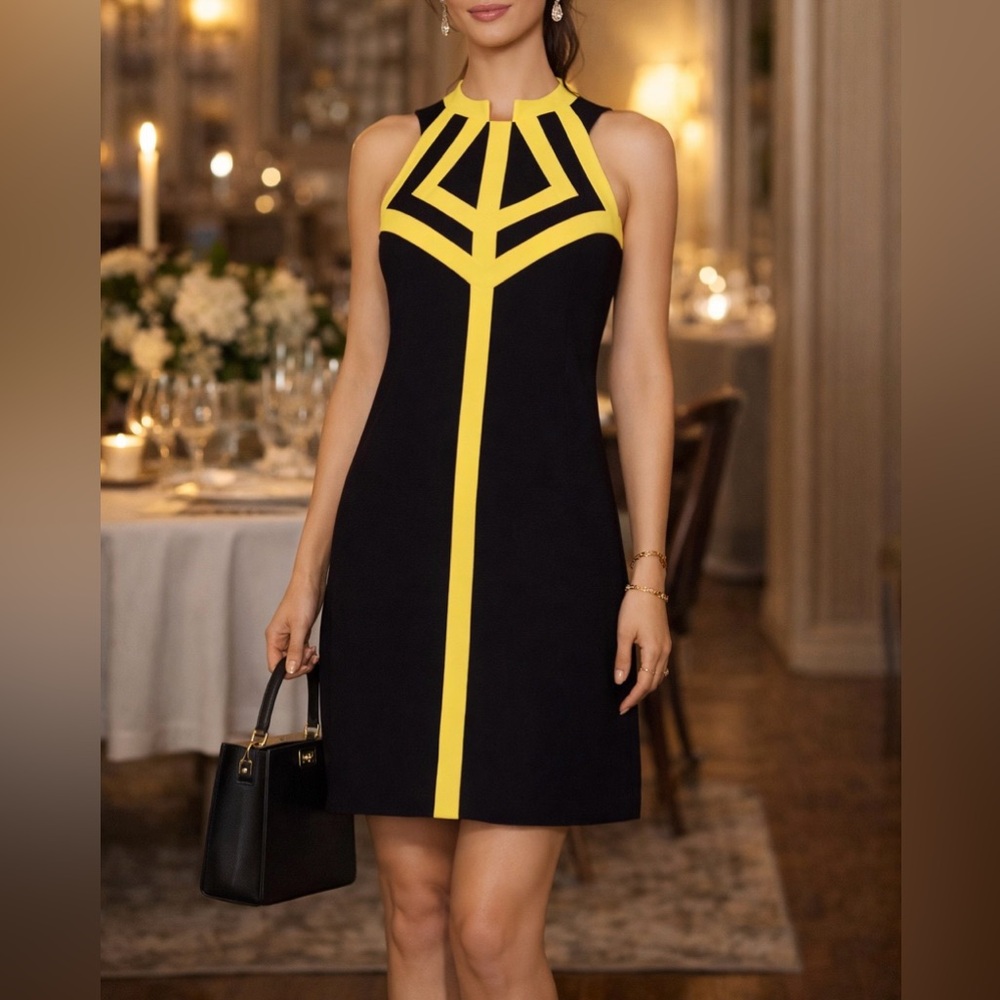 Milly of New York geometric mini dress size P black yellow Italian fabric USA